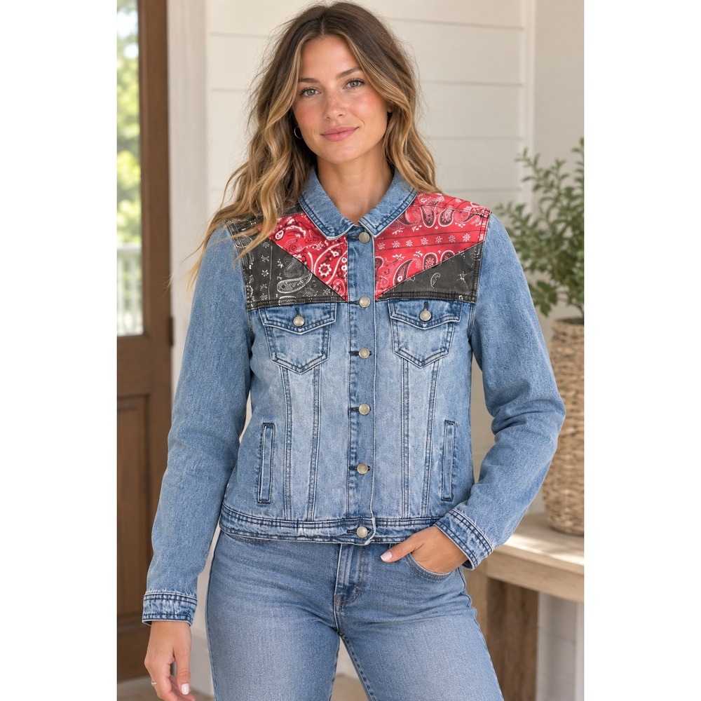 Tally‎ Weijl SJADELOU Bandana Patchwork Denim Jacket Blue Red Black Size 34